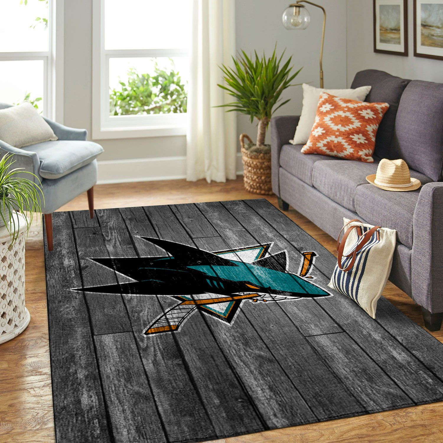 San Jose Sharks Team Logo Grey Wooden Rectangle Area Rug – Full Print Carpet For Living Room & Bedroom Home Decor