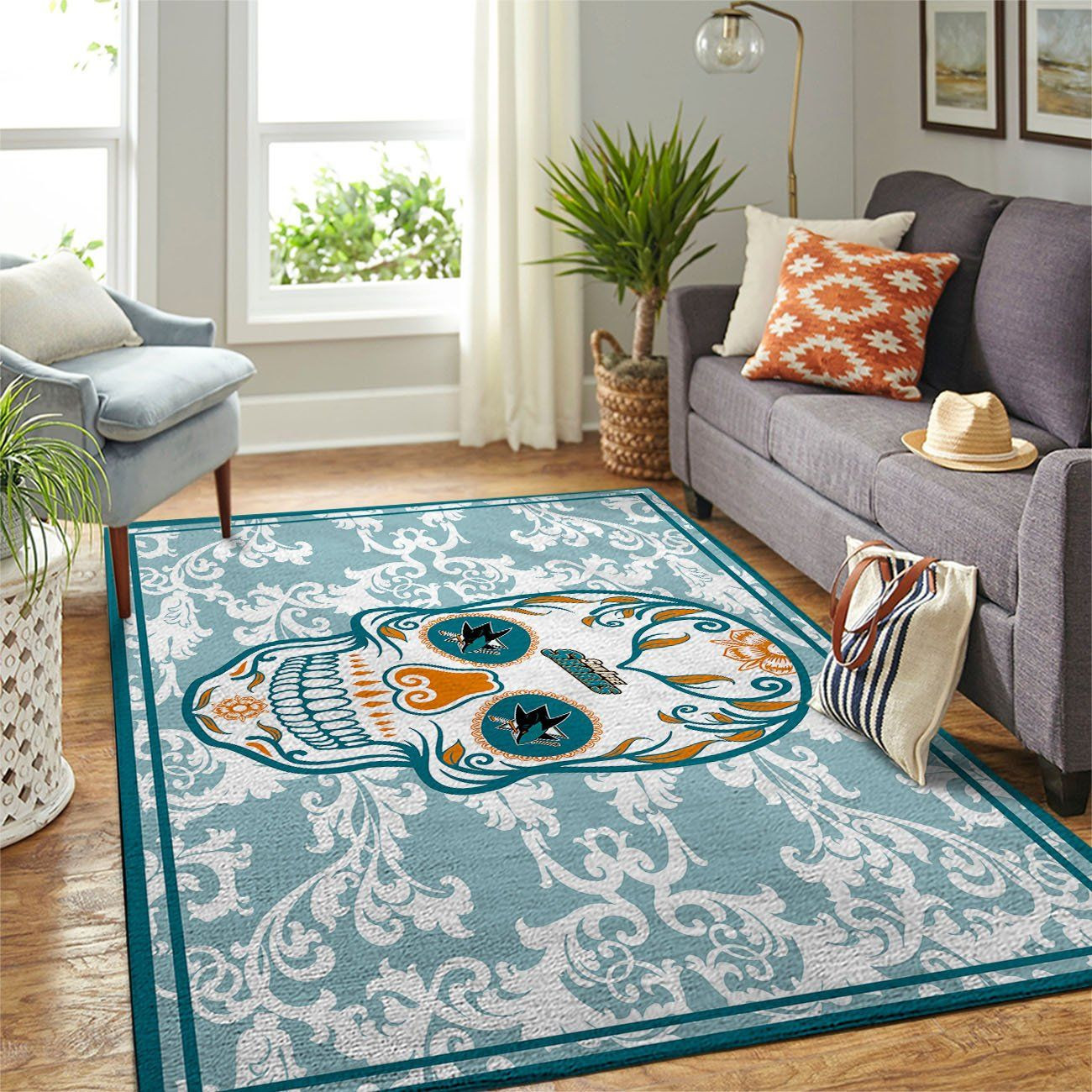 San Jose Sharks Team Logo Skull Flower Rectangle Area Rug – Full Print Carpet For Living Room & Bedroom Home Decor