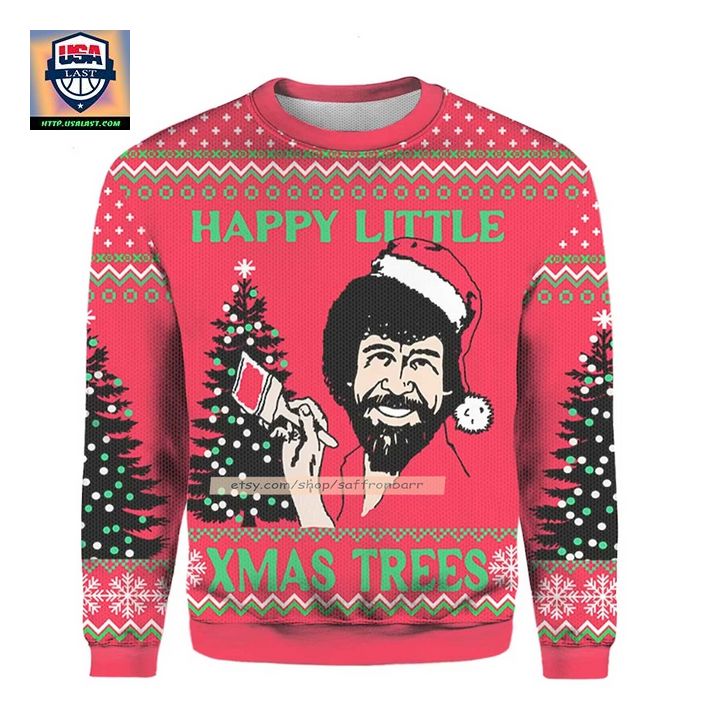 Santa Bob Ross Happy Little Christmas Ugly 3D Sweater