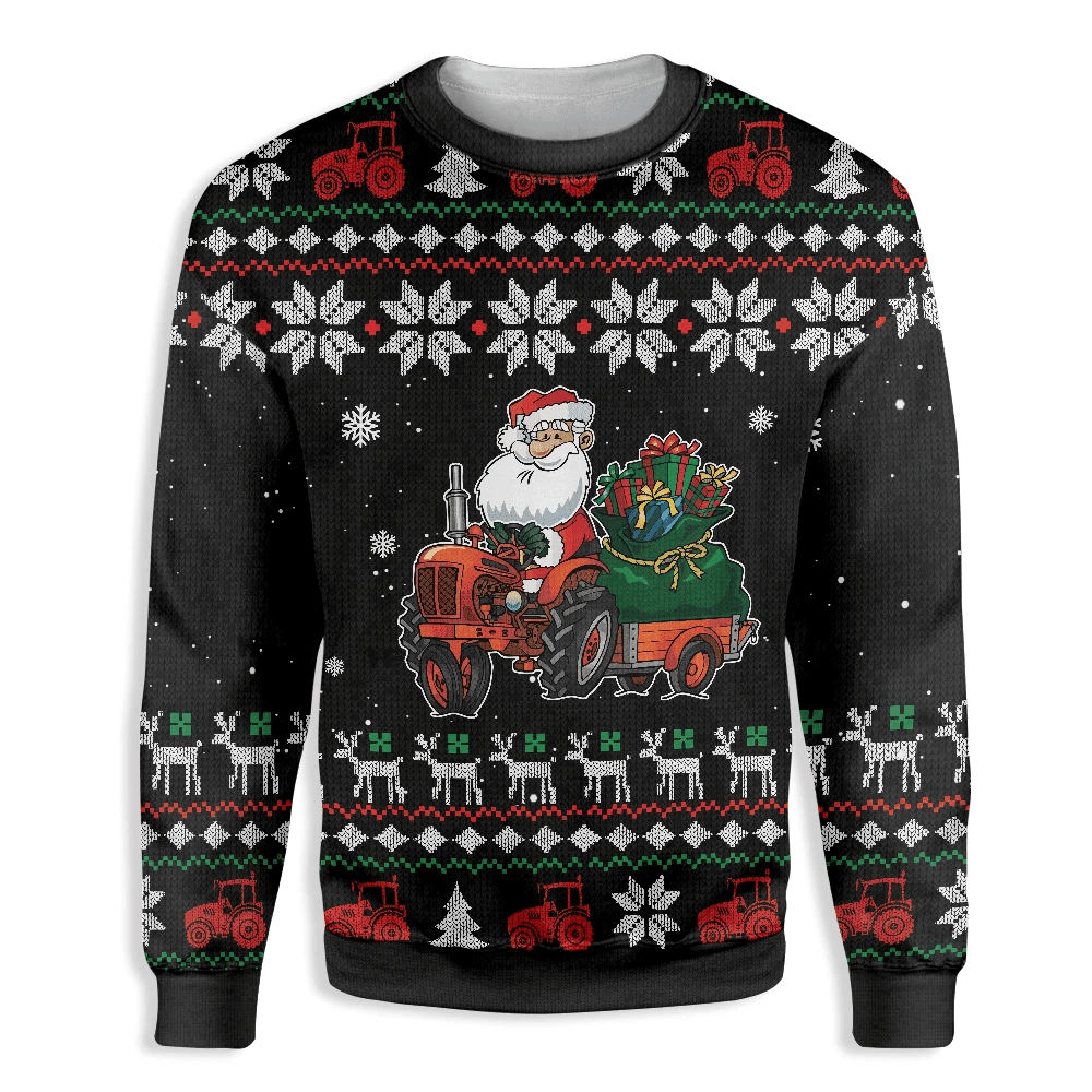 Santa Claus Farm Tractor Ugly Christmas Sweater, Perfect Holiday Gift