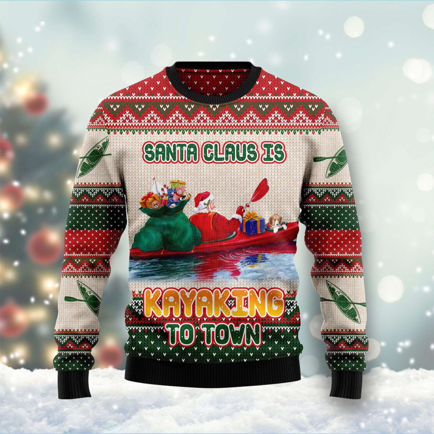 Santa Claus Is Kayaking To Town Ugly Christmas Sweater, Perfect Holiday Gift