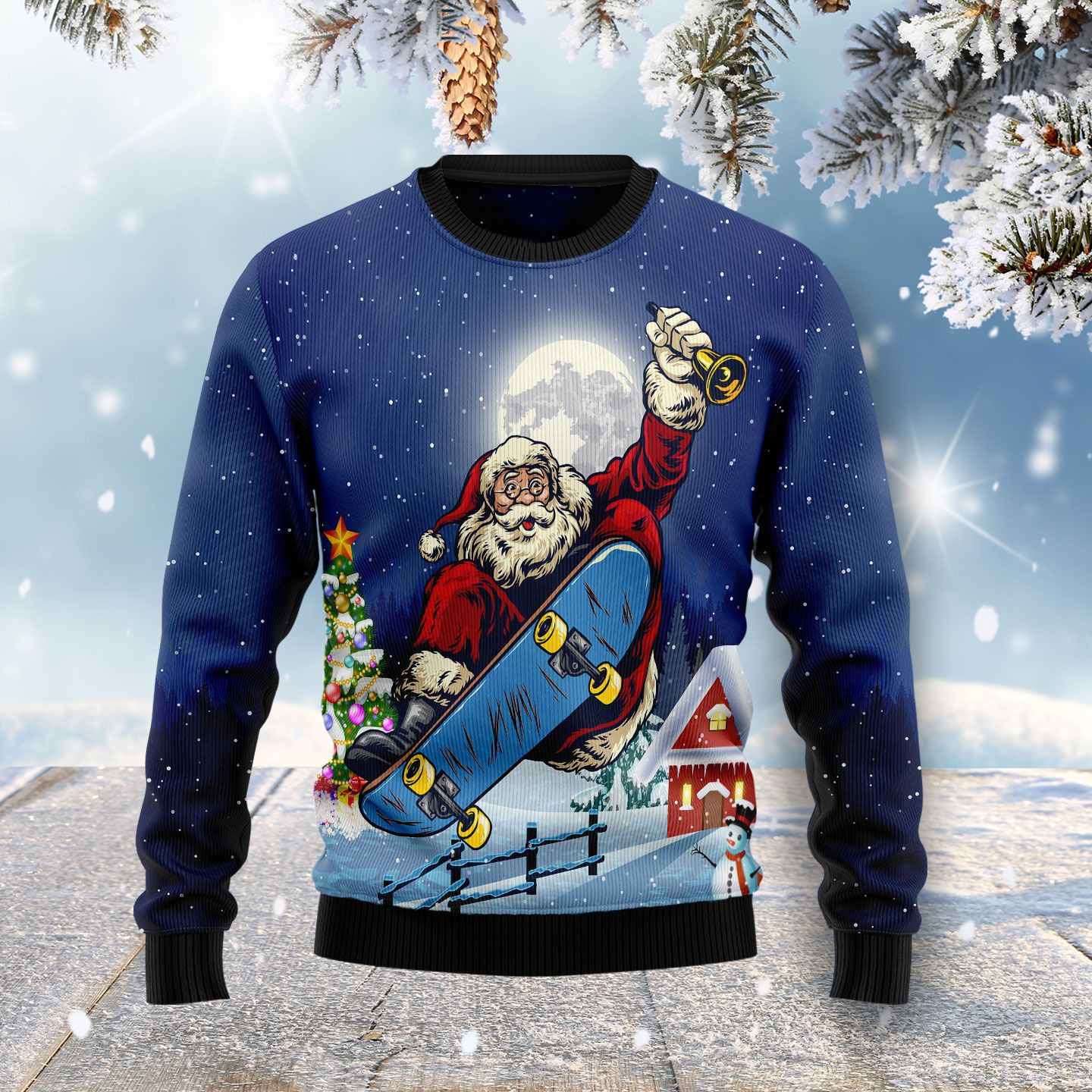 Santa Claus Playing Skateboard Ugly Christmas Sweater, Perfect Holiday Gift
