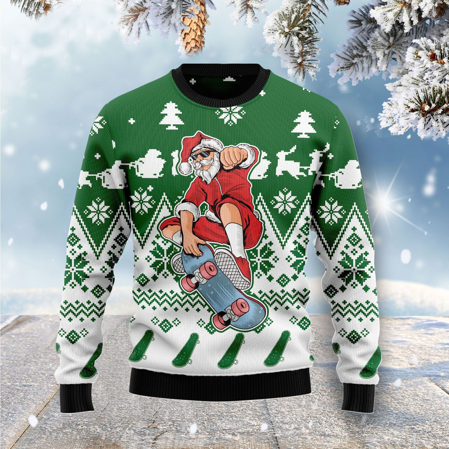 Santa Claus Skateboarding Ugly Christmas Sweater, Perfect Holiday Gift