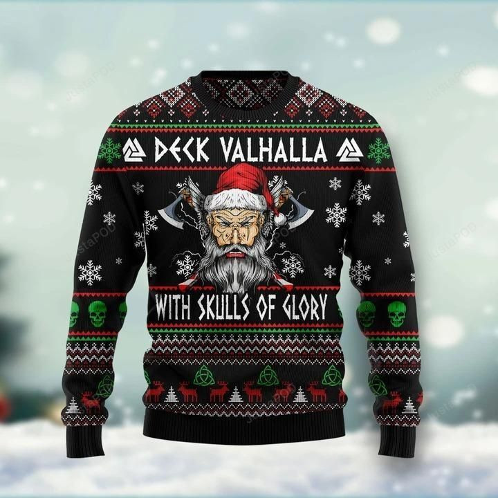 Santa Clause Viking Deck Valhalla With Skulls Of Glory Ugly Christmas Sweater, Perfect Holiday Gift