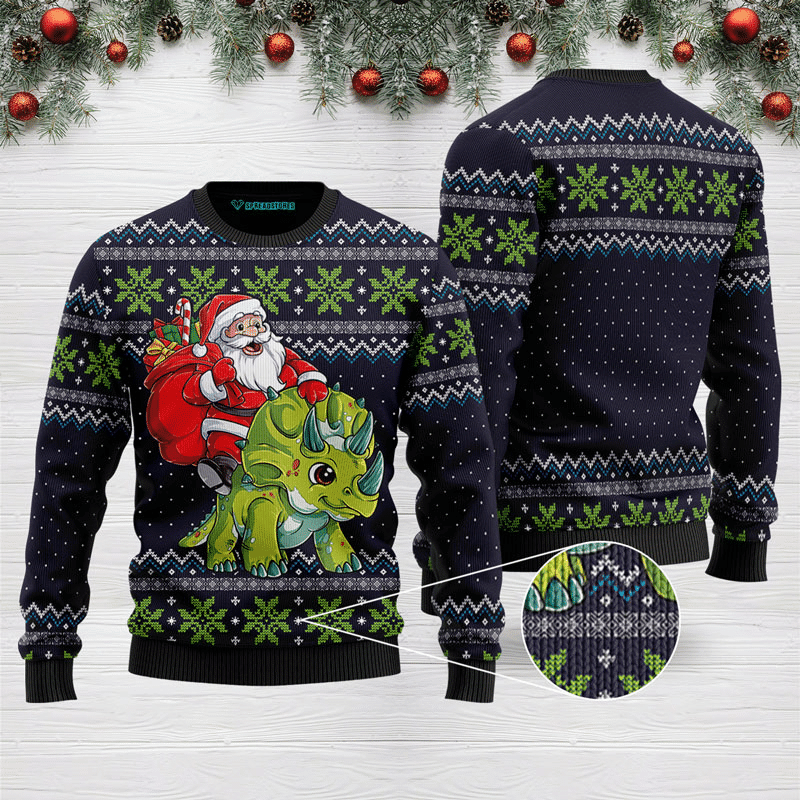 Santa Dinosaur Triceratops Ugly Christmas Sweater, Perfect Holiday Gift