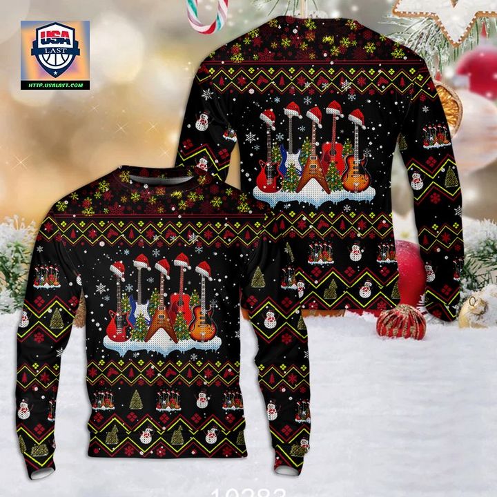 Santa Guitar Christmas Tree Funny Guitarist Christmas Sweater 3D