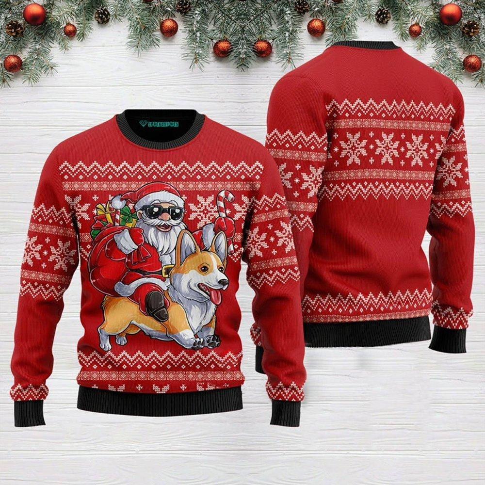 Santa Riding Corgi Ugly Christmas Sweater, Perfect Holiday Gift