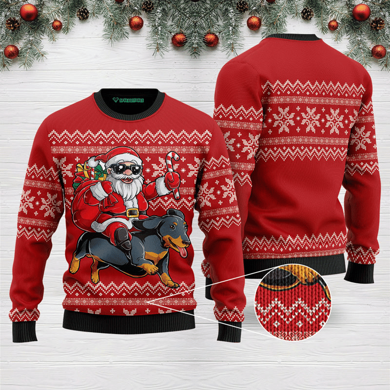 Santa Riding Dachshund Ugly Christmas Sweater, Perfect Holiday Gift