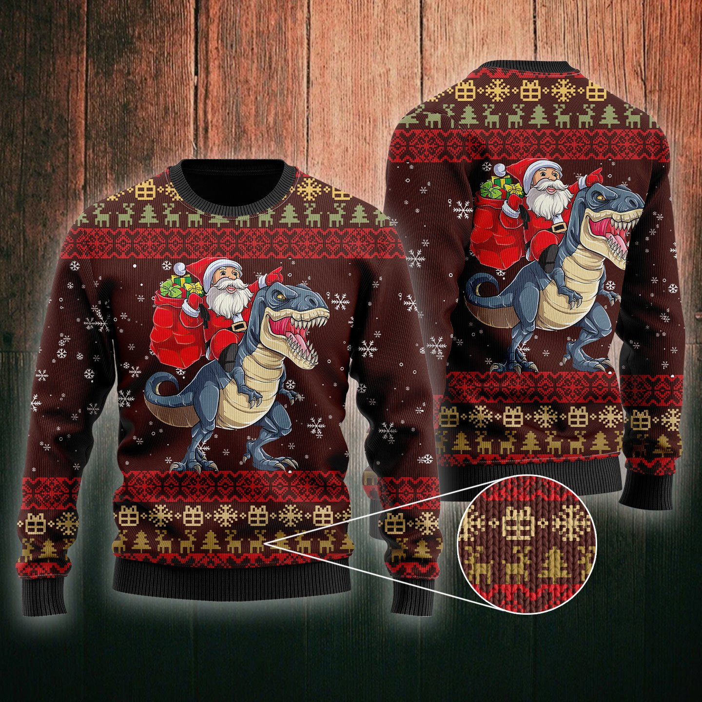 Santa Riding Dinosaur T Rex Ugly Christmas Sweater, Perfect Holiday Gift