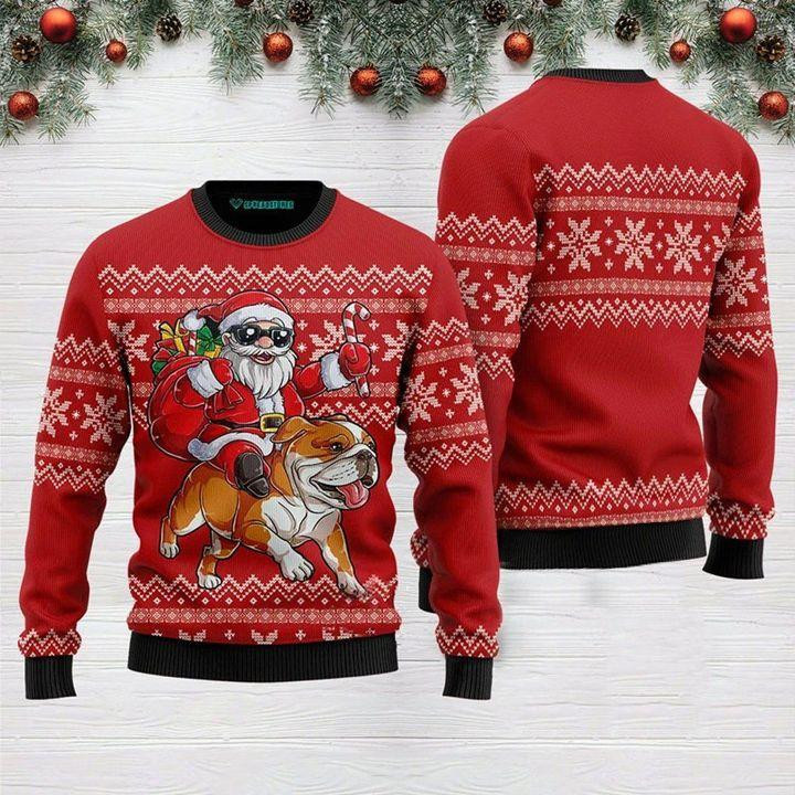 Santa Riding English Bulldog Ugly Christmas Sweater, Perfect Holiday Gift