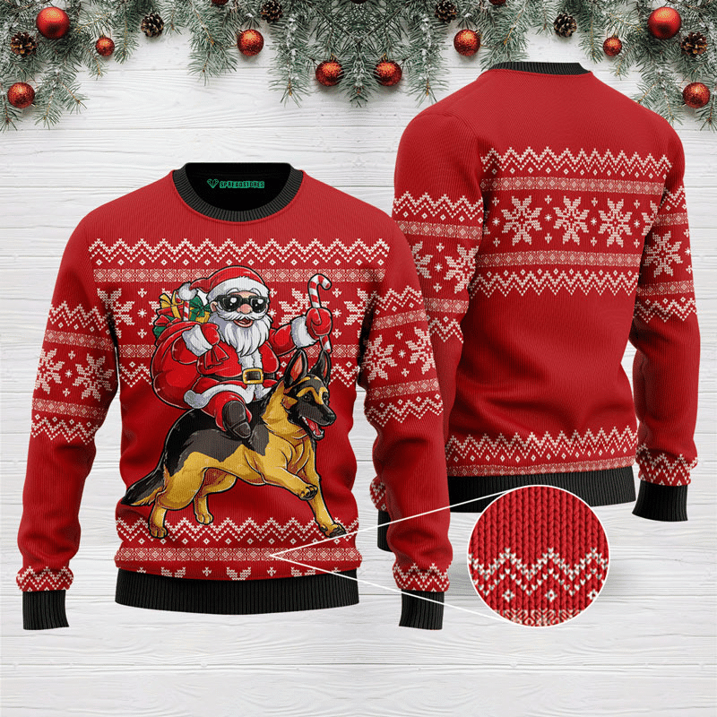 Santa Riding German Shepherd Ugly Christmas Sweater, Perfect Holiday Gift
