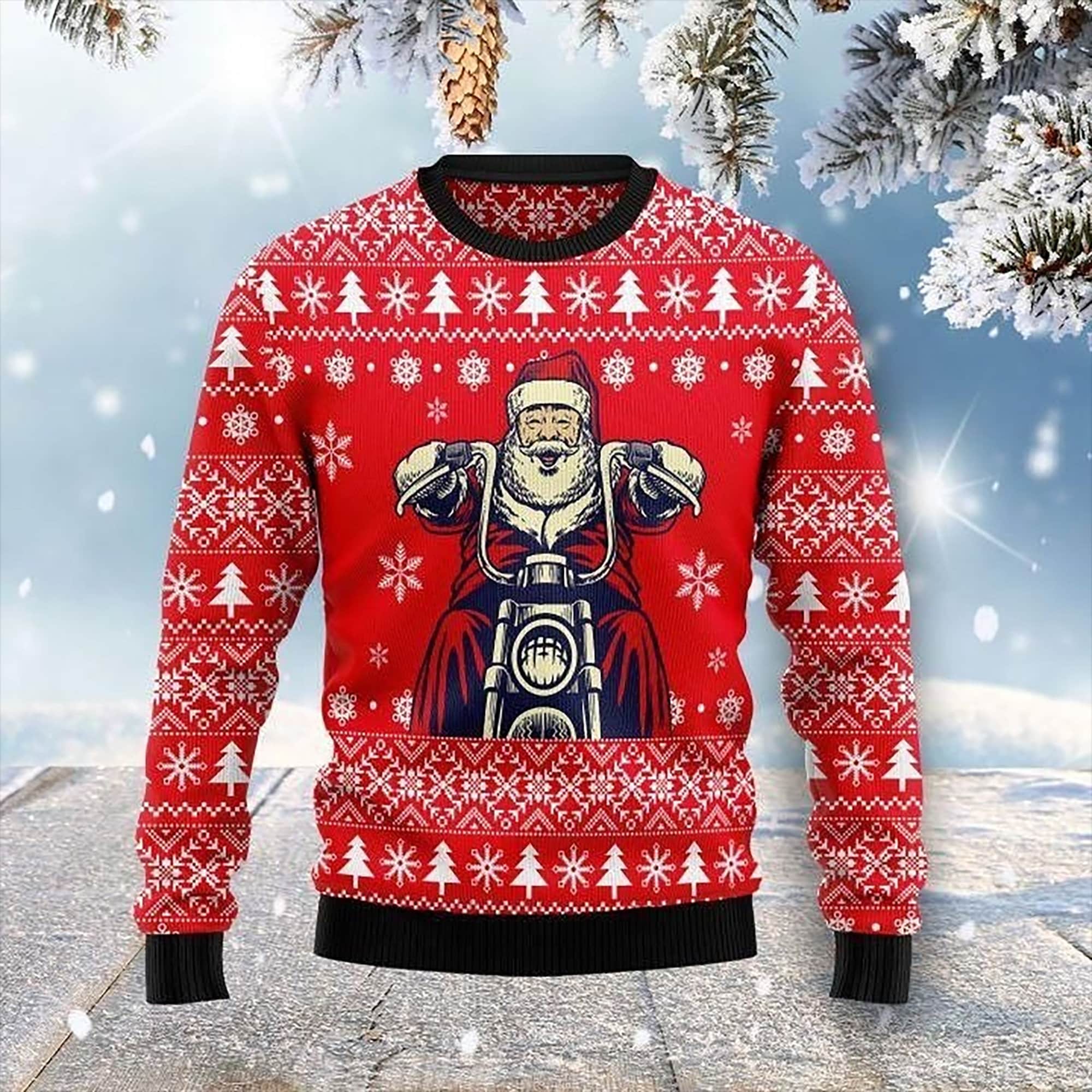 Santa Riding Motocycl Ugly Christmas Sweater