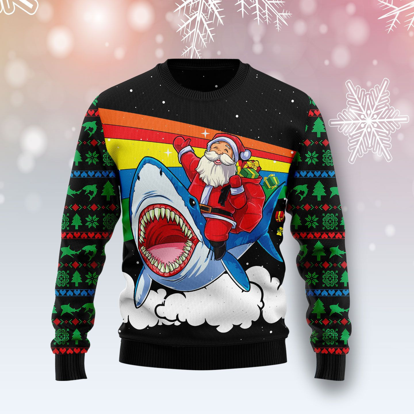 Santa Riding Shark Ugly Christmas Sweater, Perfect Holiday Gift