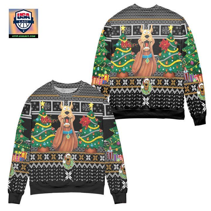 Santa Scoopy Doo And Christmas Tree Ugly Christmas Sweater Black