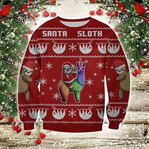 Santa Sloth With Llama Red Ugly Christmas Sweater, Perfect Holiday Gift