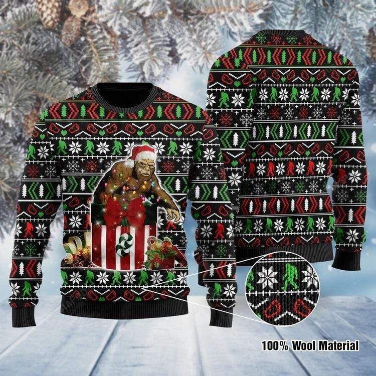 Santa Squatch Bigfoot With Gift Box Ugly Christmas Sweater, Perfect Holiday Gift