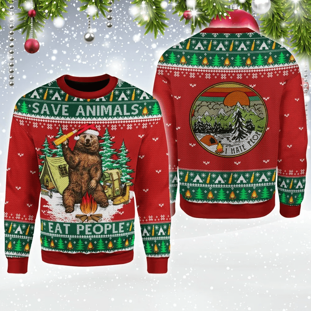 Save Animals Eat People Bear Beer Ugly Christmas Sweater, Perfect Holiday Gift