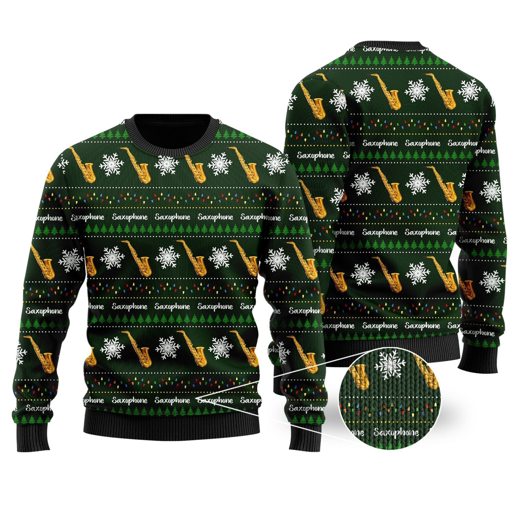 Saxophone Snowflakes Image Noel Pattern Ugly Christmas Sweater, Perfect Holiday Gift