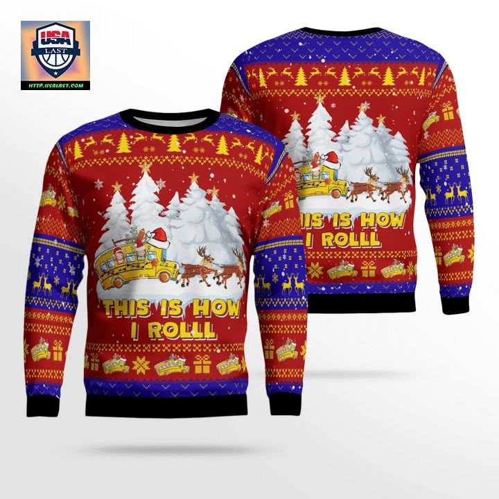 School Bus This Is How I Roll Christmas AOP Sweater