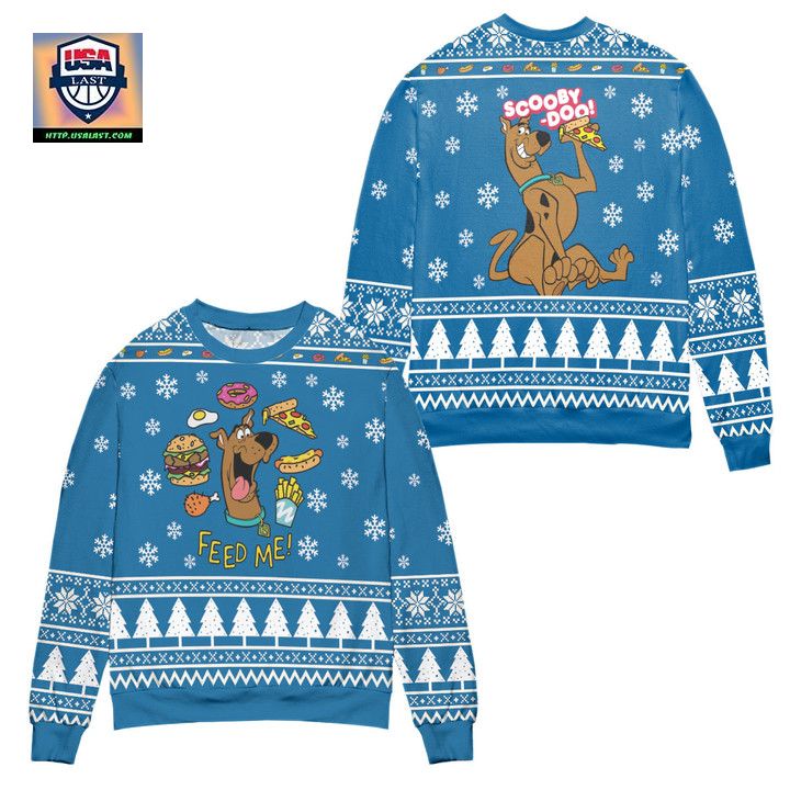 Scooby Doo Feed Me Snowflake Pattern Ugly Christmas Sweater Blue