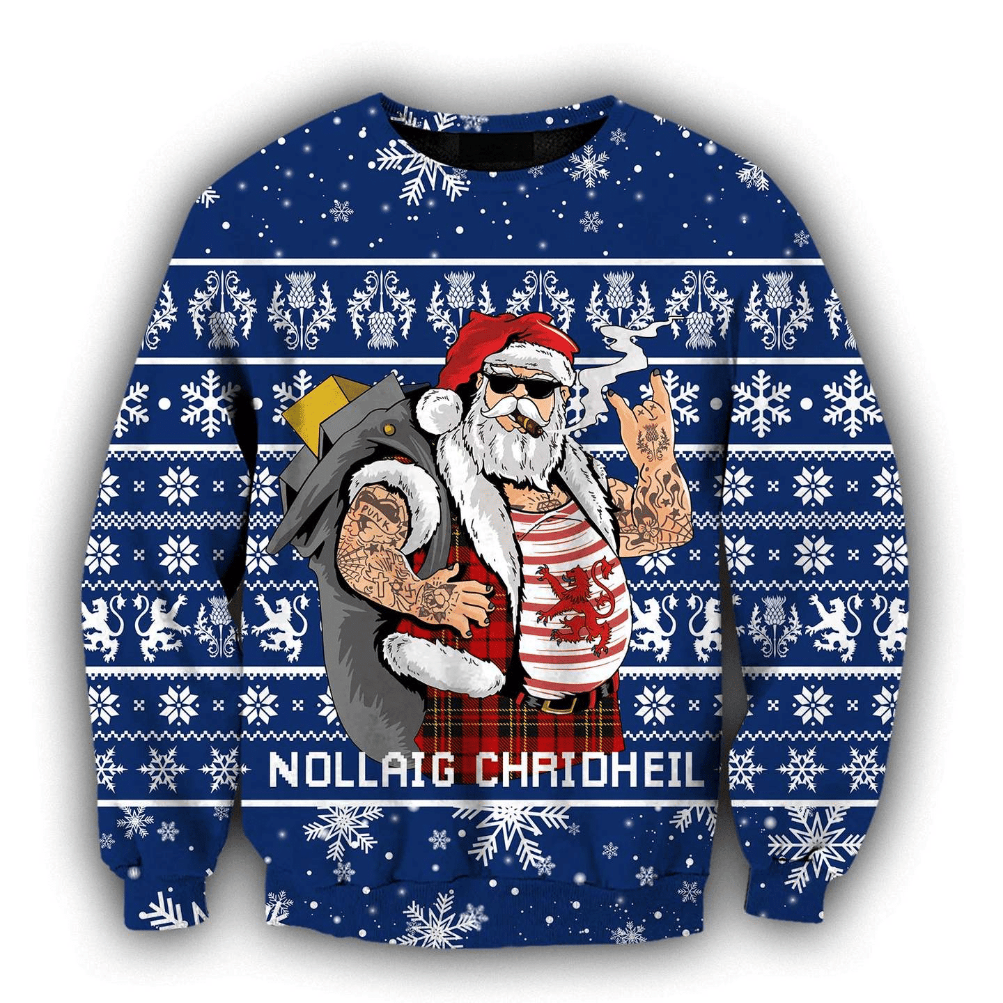 Scottish Gangster Santa Blue Ugly Christmas Sweater, Perfect Holiday Gift