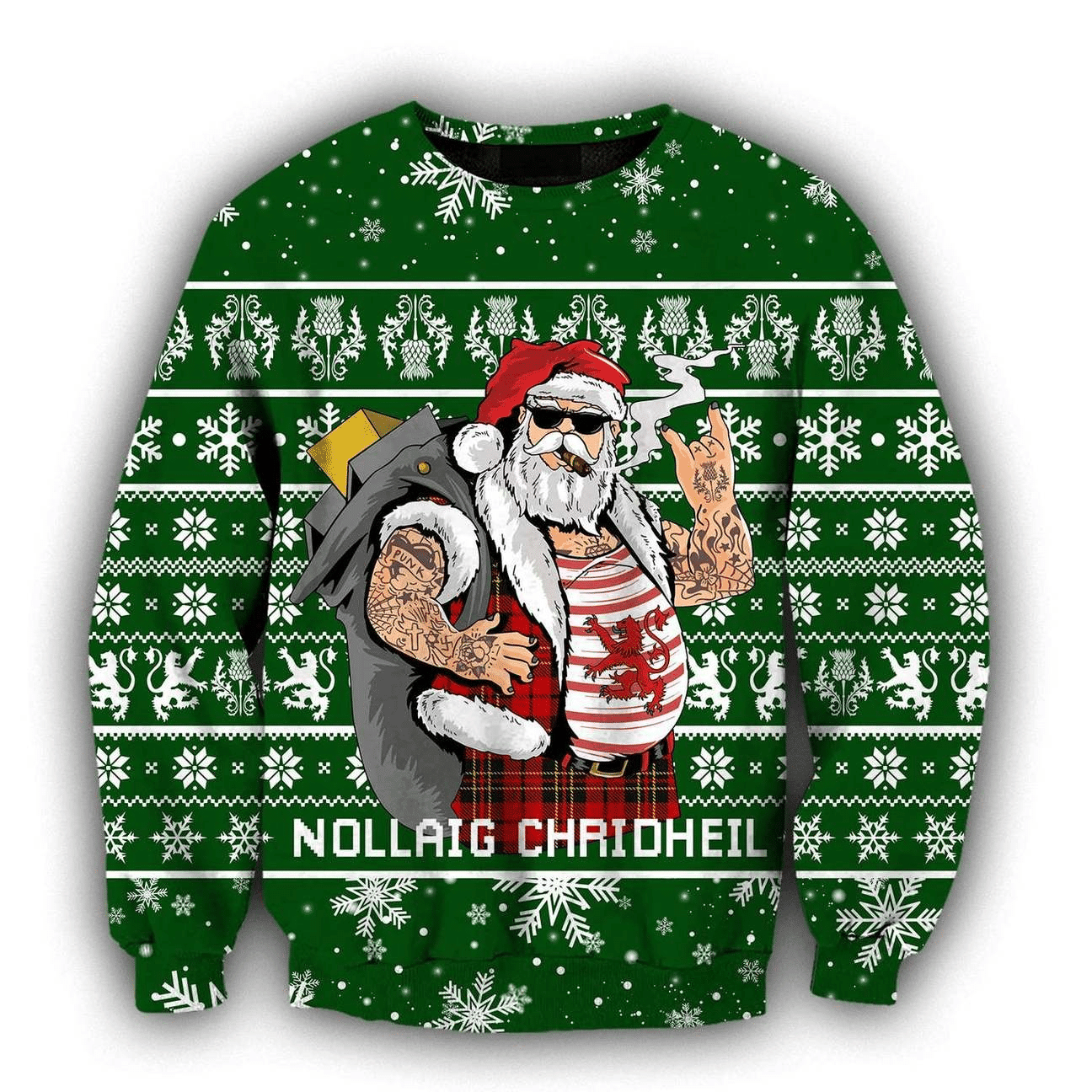 Scottish Gangster Santa Green Ugly Christmas Sweater, Perfect Holiday Gift