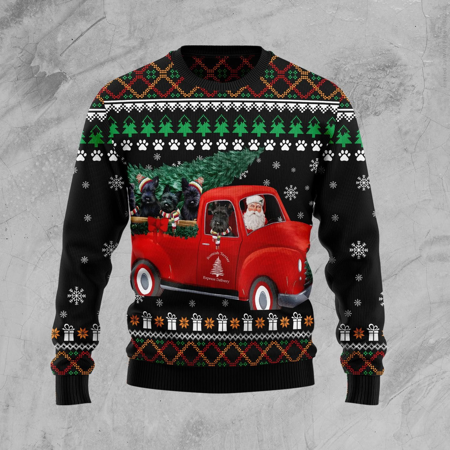 Scottish Terrier And Red Truck Ugly Christmas Sweater, Perfect Holiday Gift