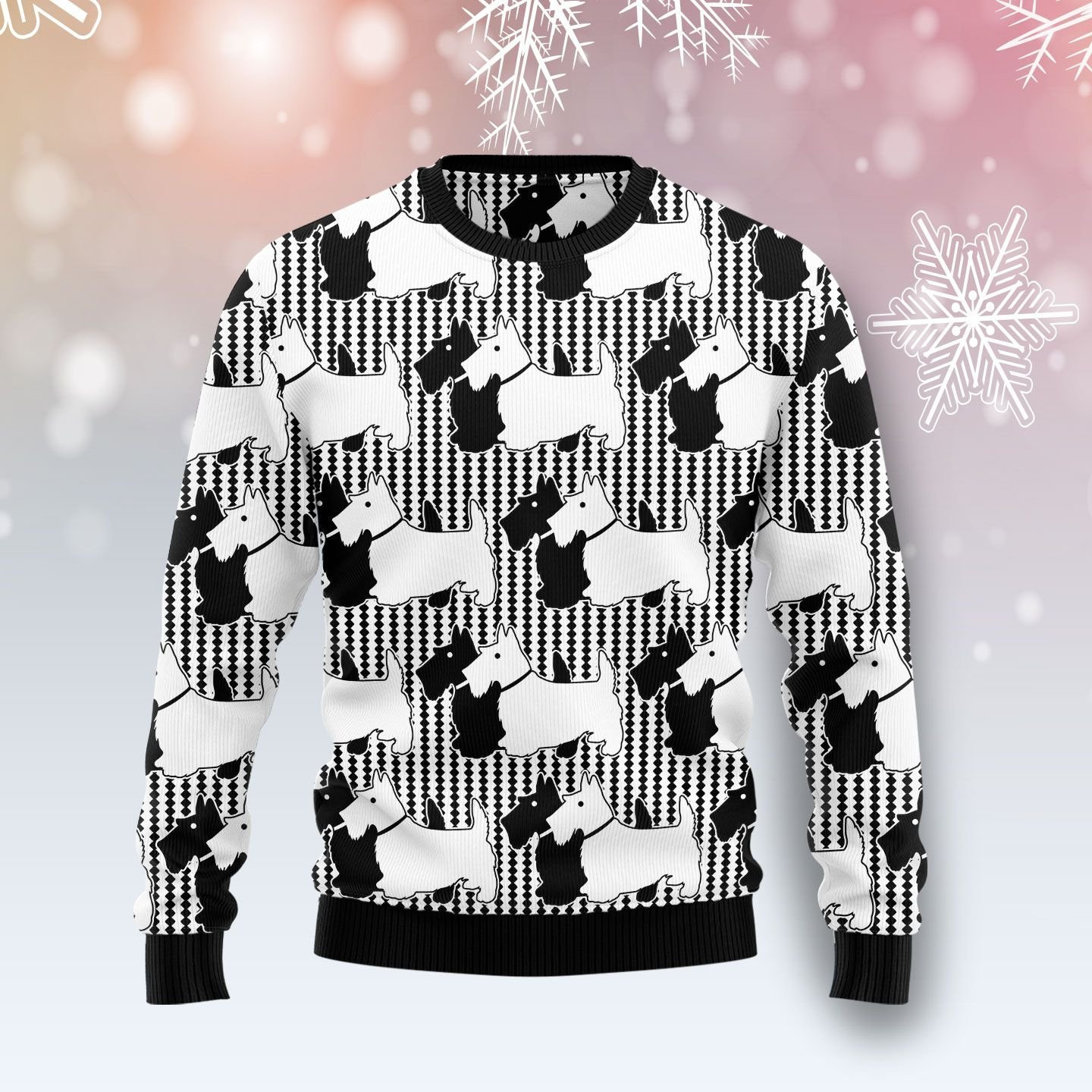 Scottish Terrier Black And White Ugly Christmas Sweater, Perfect Holiday Gift