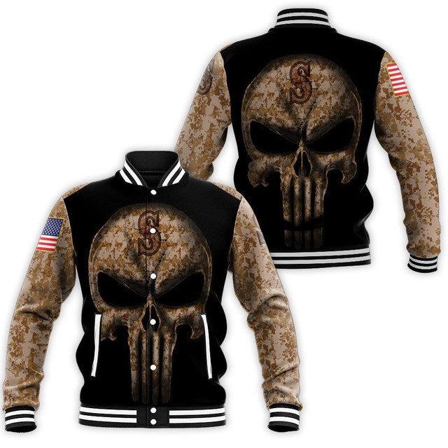 Seattle Mariners Camo Skull Flag Varsity Baseball Jacket for Men & Women | MLB Fan Gift