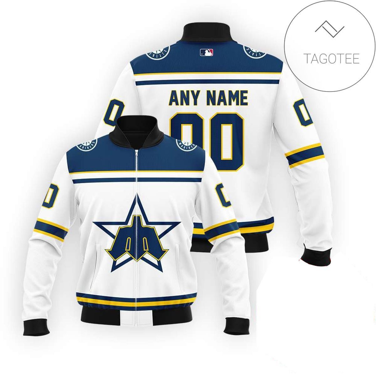 Seattle Mariners Personalized Name Number White Navy Bomber Jacket | MLB Team Jacket for Men & Women | Baseball Fan Gift