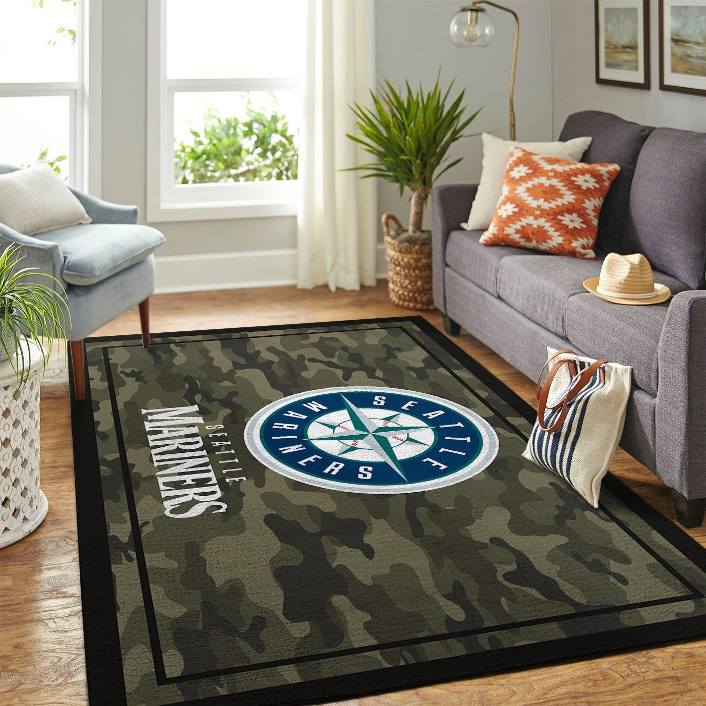 Seattle Mariners Team Logo Camo Rectangle Area Rug – Full Print Carpet For Living Room & Bedroom Home Decor
