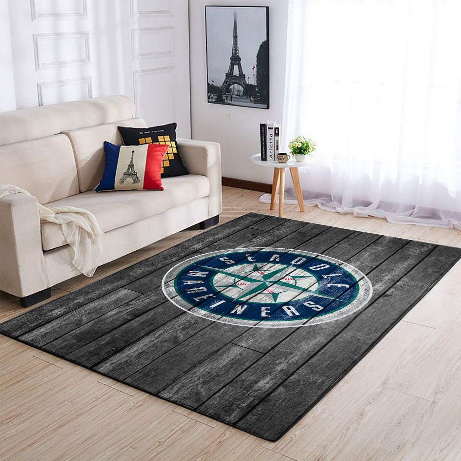 Seattle Mariners Team Logo Grey Wooden Rectangle Area Rug – Full Print Carpet For Living Room & Bedroom Home Decor