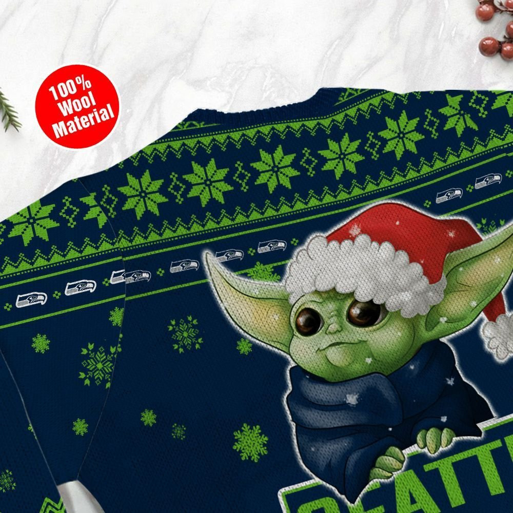 Seattle Seahawks Cute Baby Yoda Grogu Holiday Party Ugly Christmas Sweater Perfect Holiday Gift - Image 5