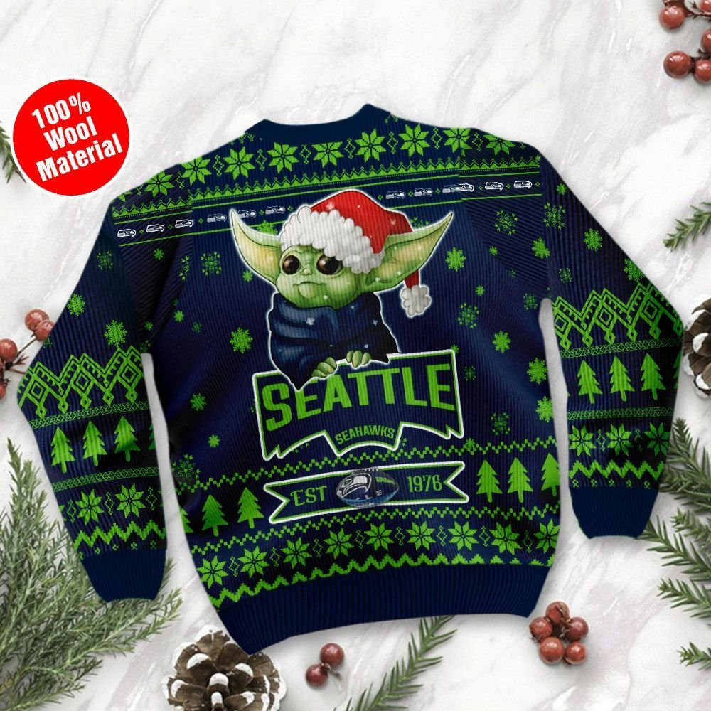 Seattle Seahawks Cute Baby Yoda Grogu Holiday Party Ugly Christmas Sweater Perfect Holiday Gift - Image 3
