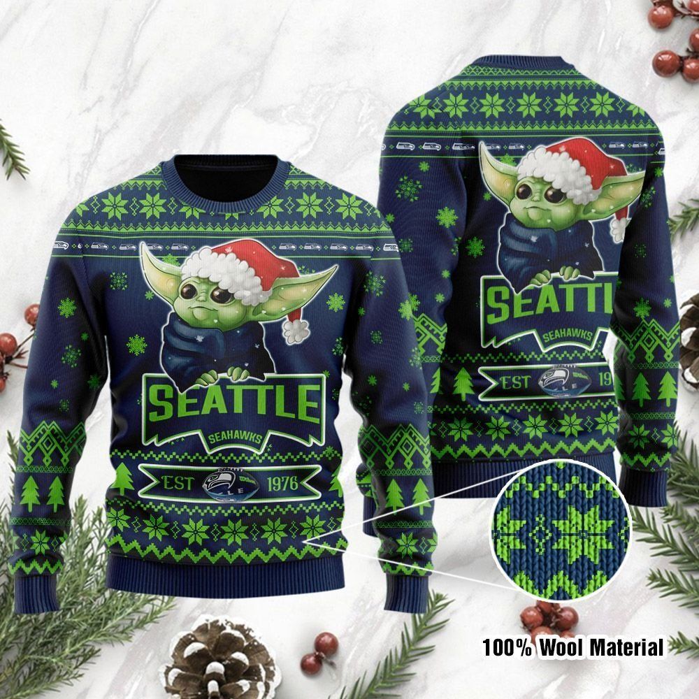 Seattle Seahawks Cute Baby Yoda Grogu Ugly Christmas Sweater Holiday Party Men Women Full Plus Size