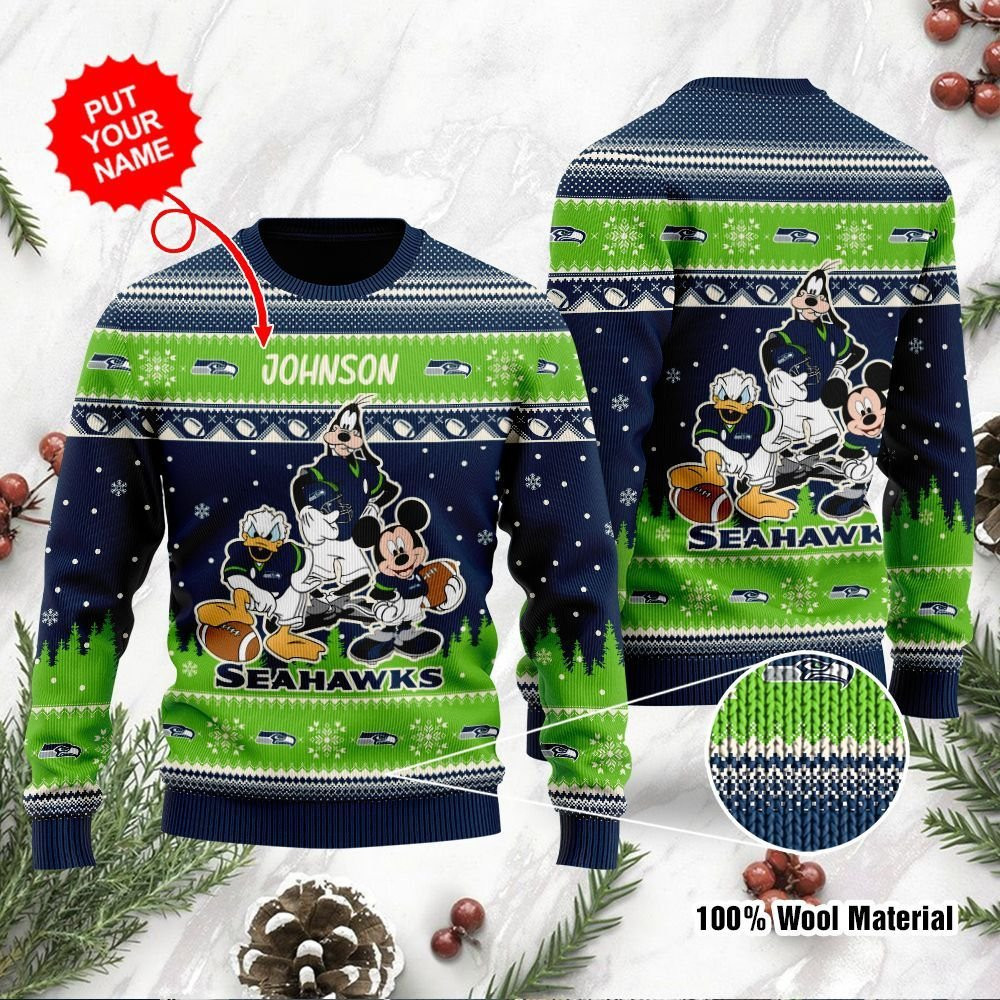 Seattle Seahawks Disney Donald Duck Mickey Mouse Goofy Personalized Ugly Christmas Sweater, Perfect Holiday Gift