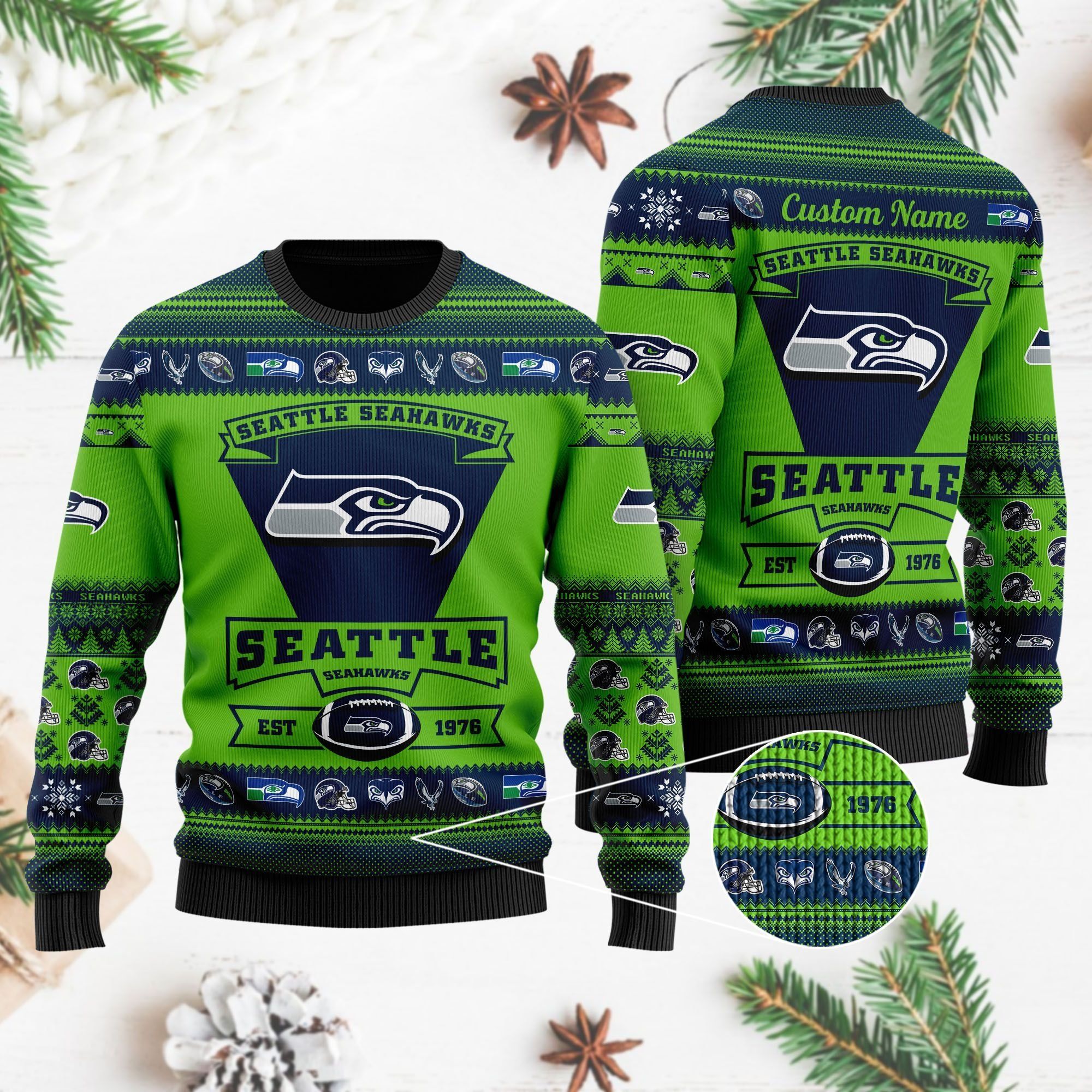 Seattle Seahawks Football Team Logo Custom Name Personalized Ugly Christmas Sweater Holiday Party Men Women Plus Size