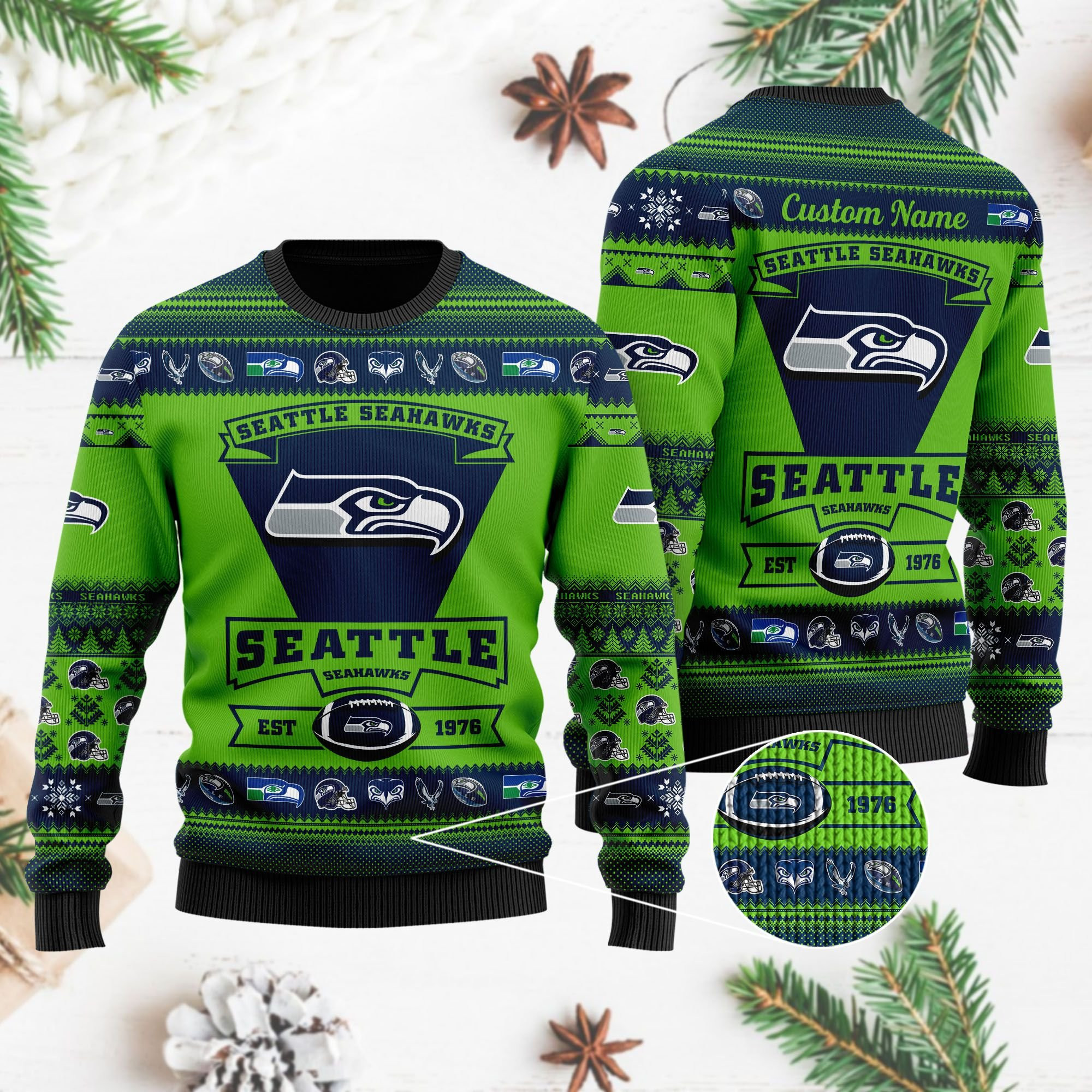 Seattle Seahawks Football Team Logo Custom Name Personalized Ugly Christmas Sweater, Perfect Holiday Gift