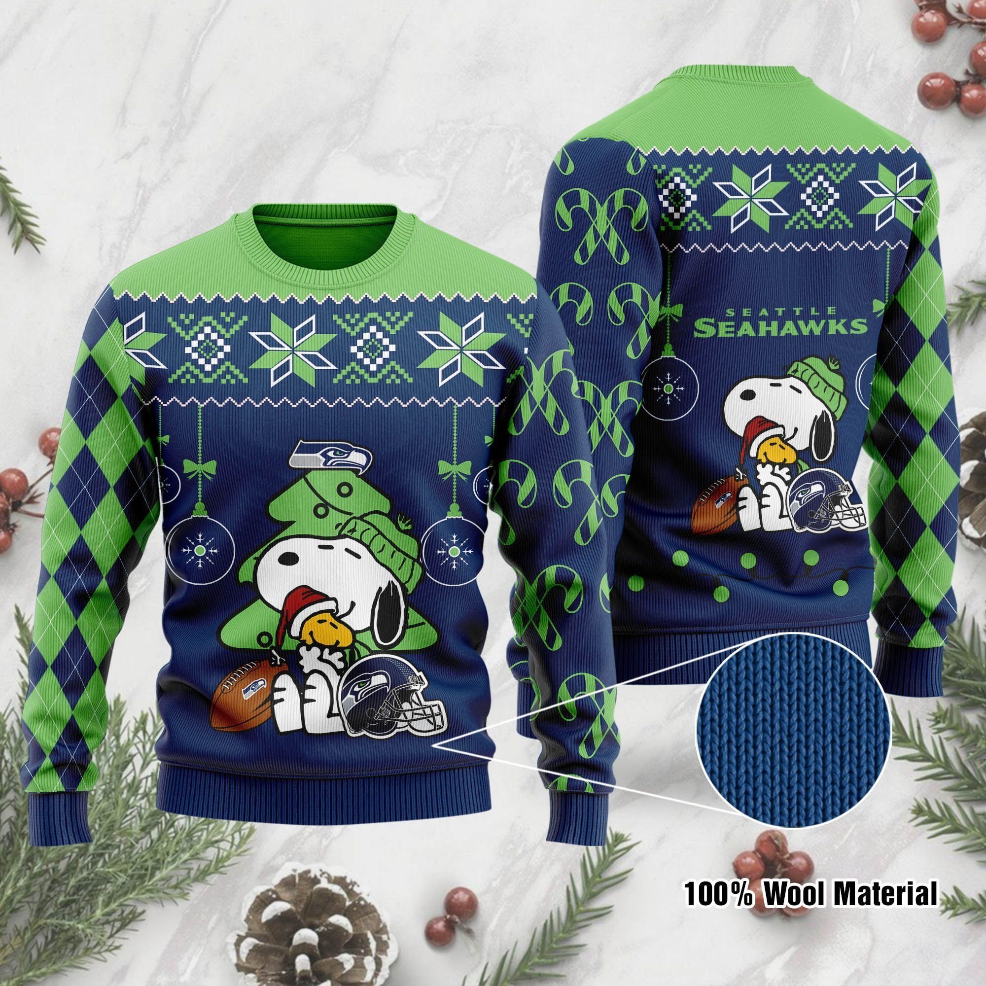 Seattle Seahawks Funny Charlie Brown Peanuts Snoopy Ugly Christmas Sweater Holiday Party Men Women Plus Size