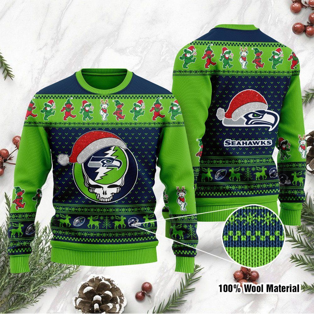 Seattle Seahawks Grateful Dead SKull And Bears Custom Name Ugly Christmas Sweater NFL Football Christmas