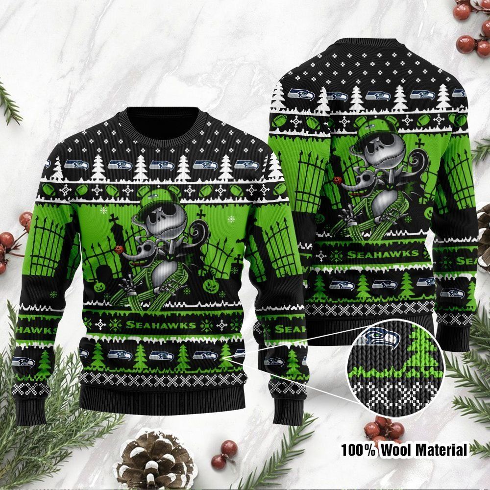 Seattle Seahawks Jack Skellington Halloween Ugly Christmas Sweater Holiday Party Men Women Full Plus Size