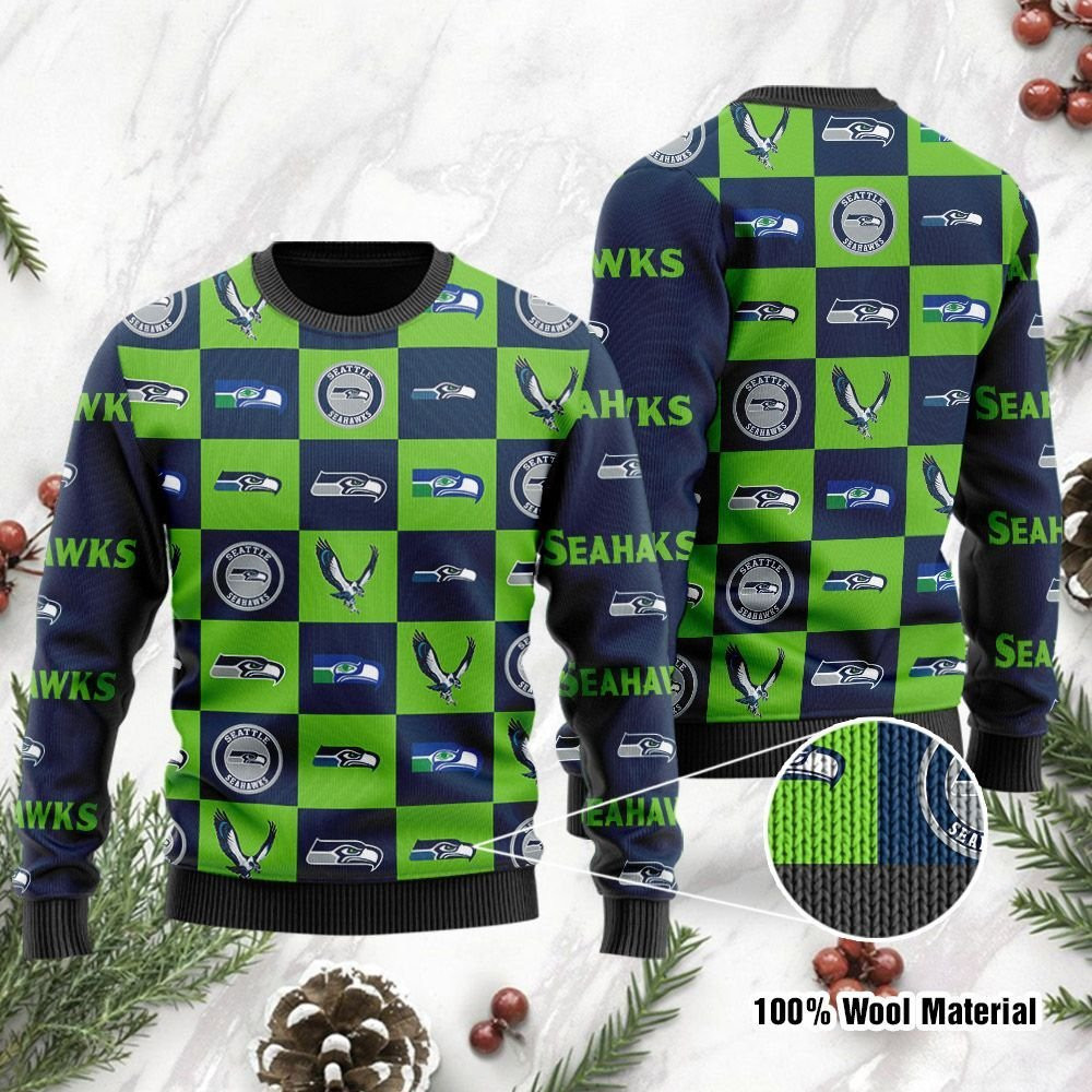 Seattle Seahawks Logo Checkered Flannel Ugly Christmas Sweater, Perfect Holiday Gift