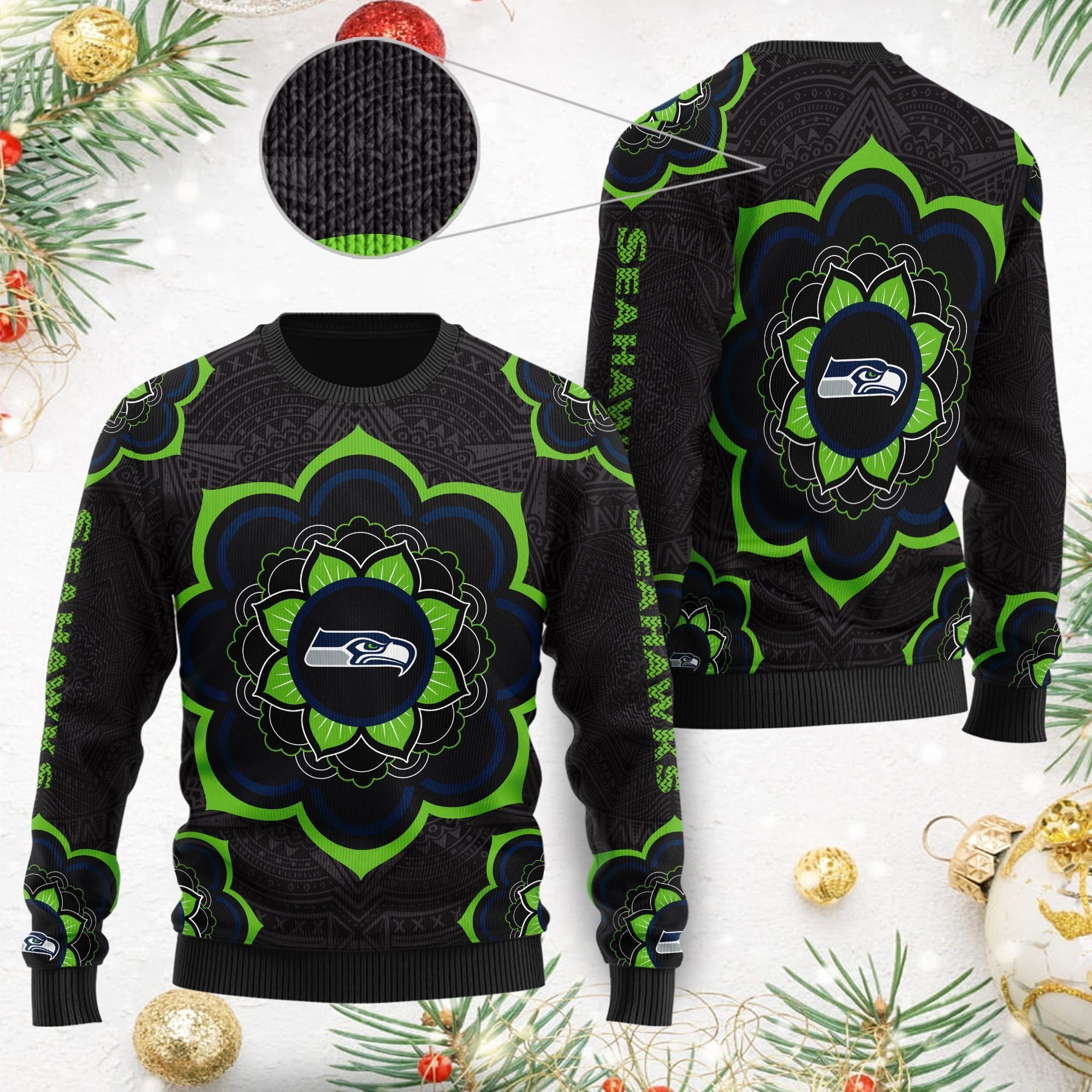 Seattle Seahawks Mandala Logo Ugly Christmas Sweater NFL Football Fans On Xmas
