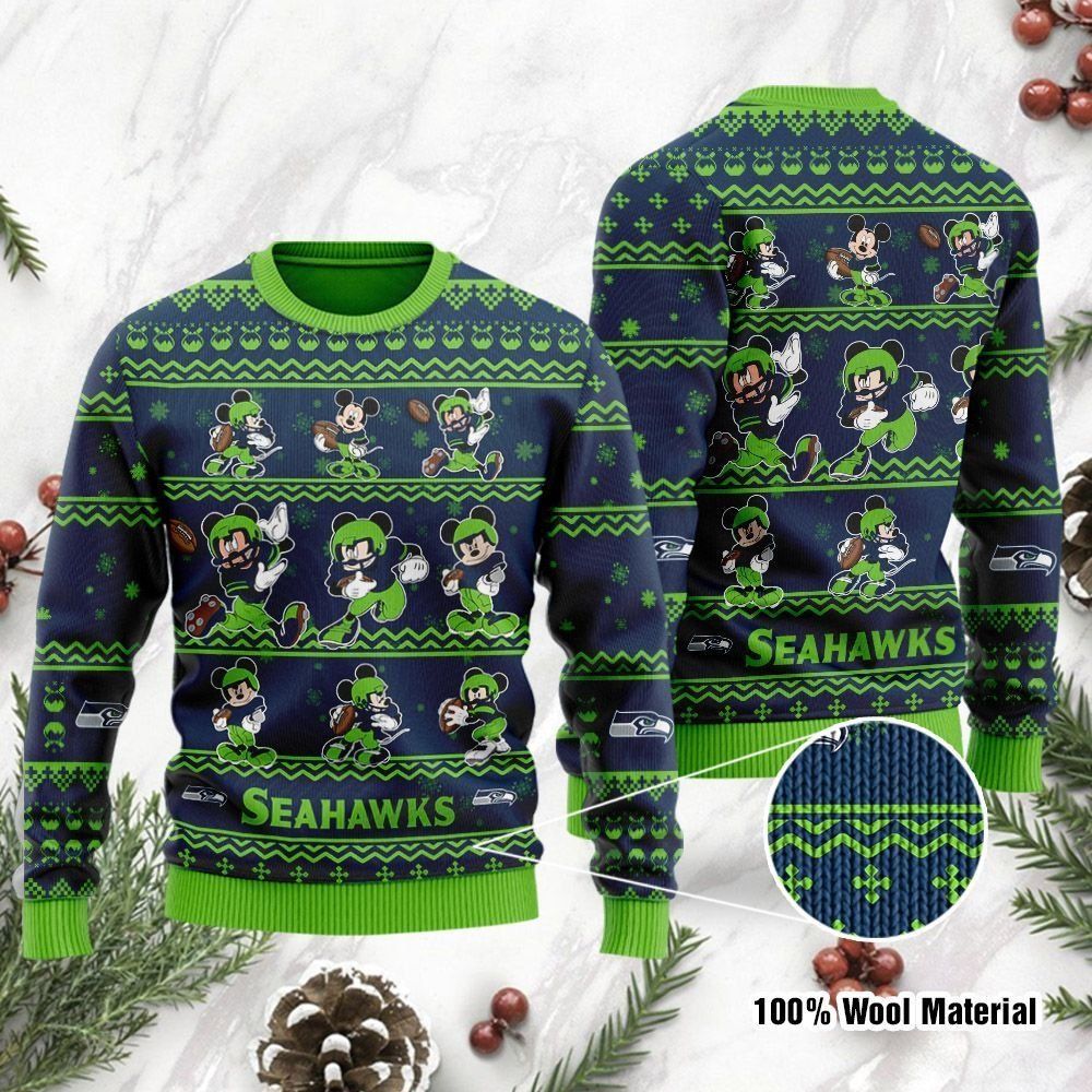 Seattle Seahawks Mickey Mouse Ugly Christmas Sweater Holiday Party Men Women Plus Size