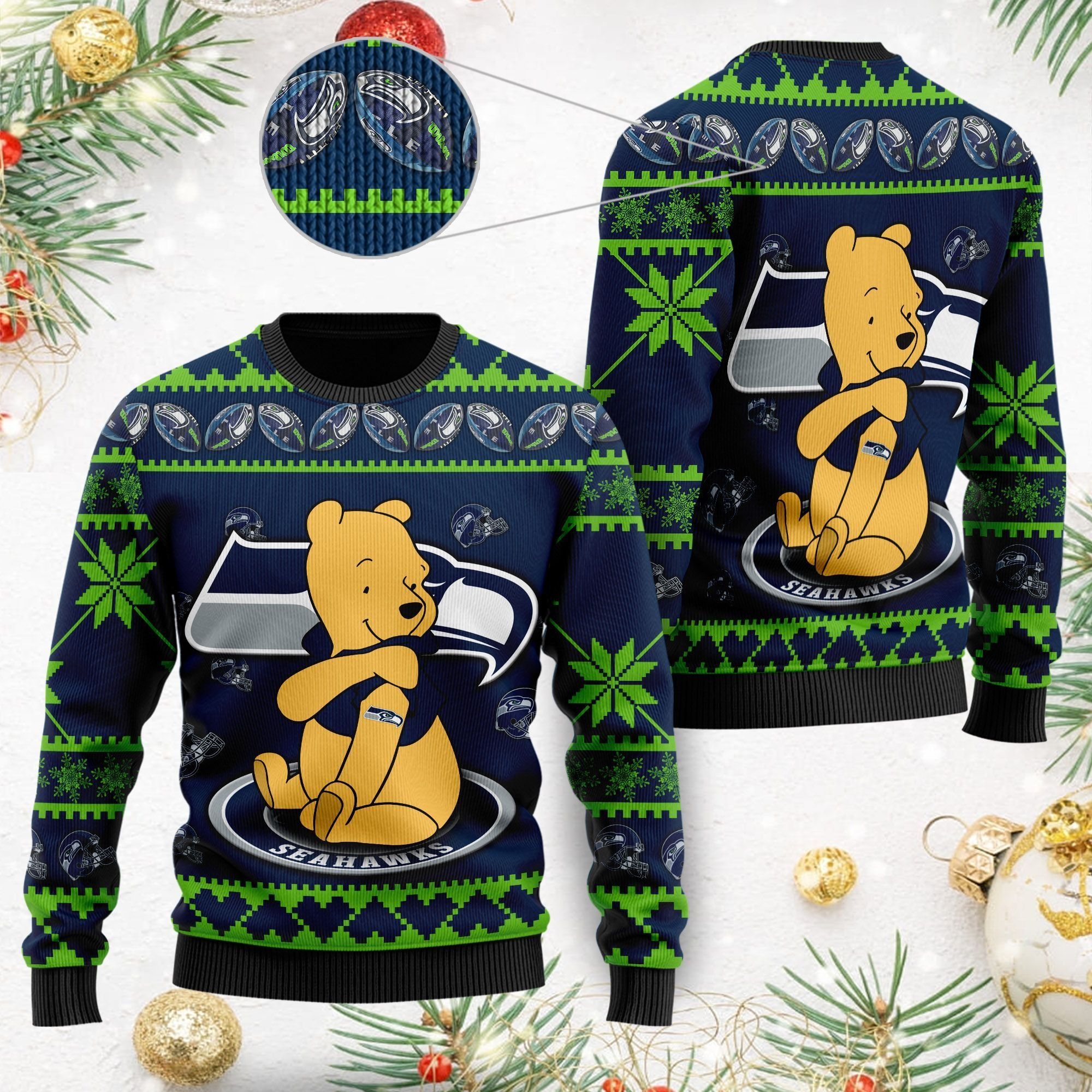 Seattle Seahawks NFL American Football Team Logo Cute Winnie The Pooh Bear 3D Ugly Christmas Sweater