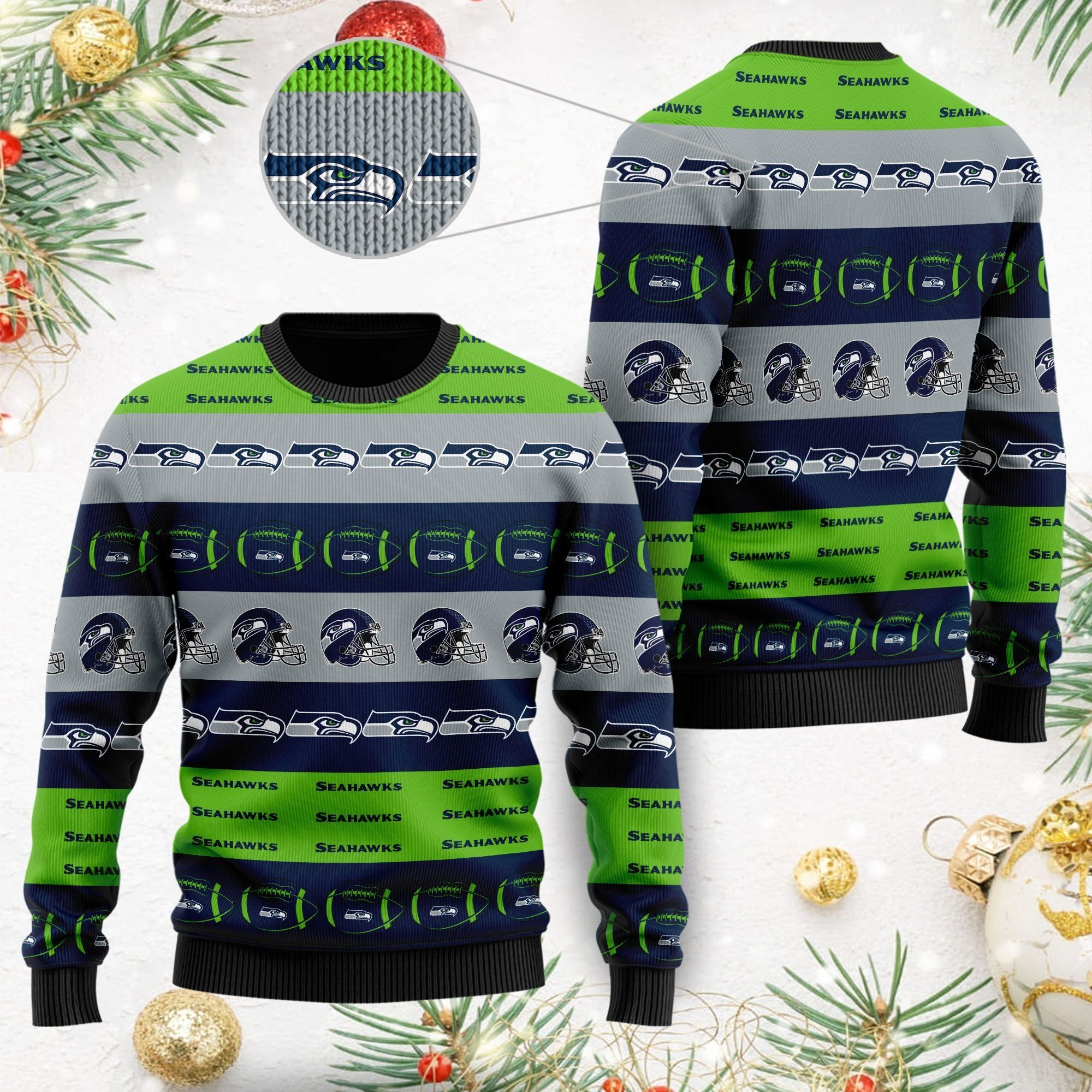 Seattle Seahawks NFL American Football Team Logo Helmet Symbols Men Women Ugly Christmas Sweater