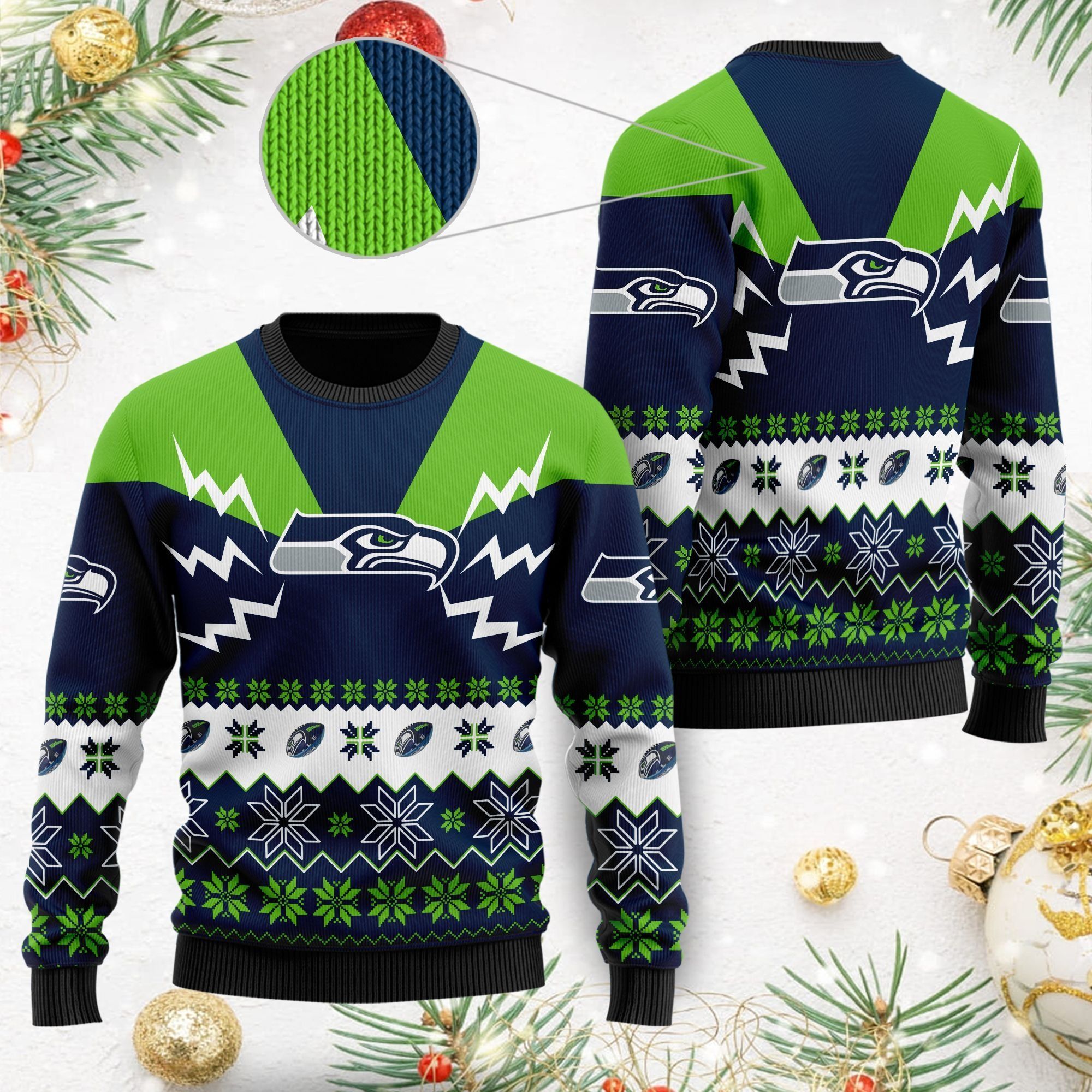 Seattle Seahawks NFL Football Team Logo Symbol 3D Ugly Christmas Sweater