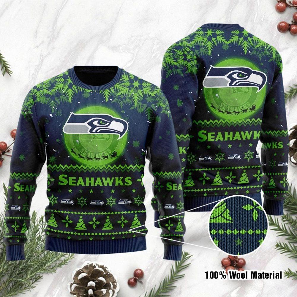 Seattle Seahawks Santa Claus In The Moon Ugly Christmas Sweater, Perfect Holiday Gift