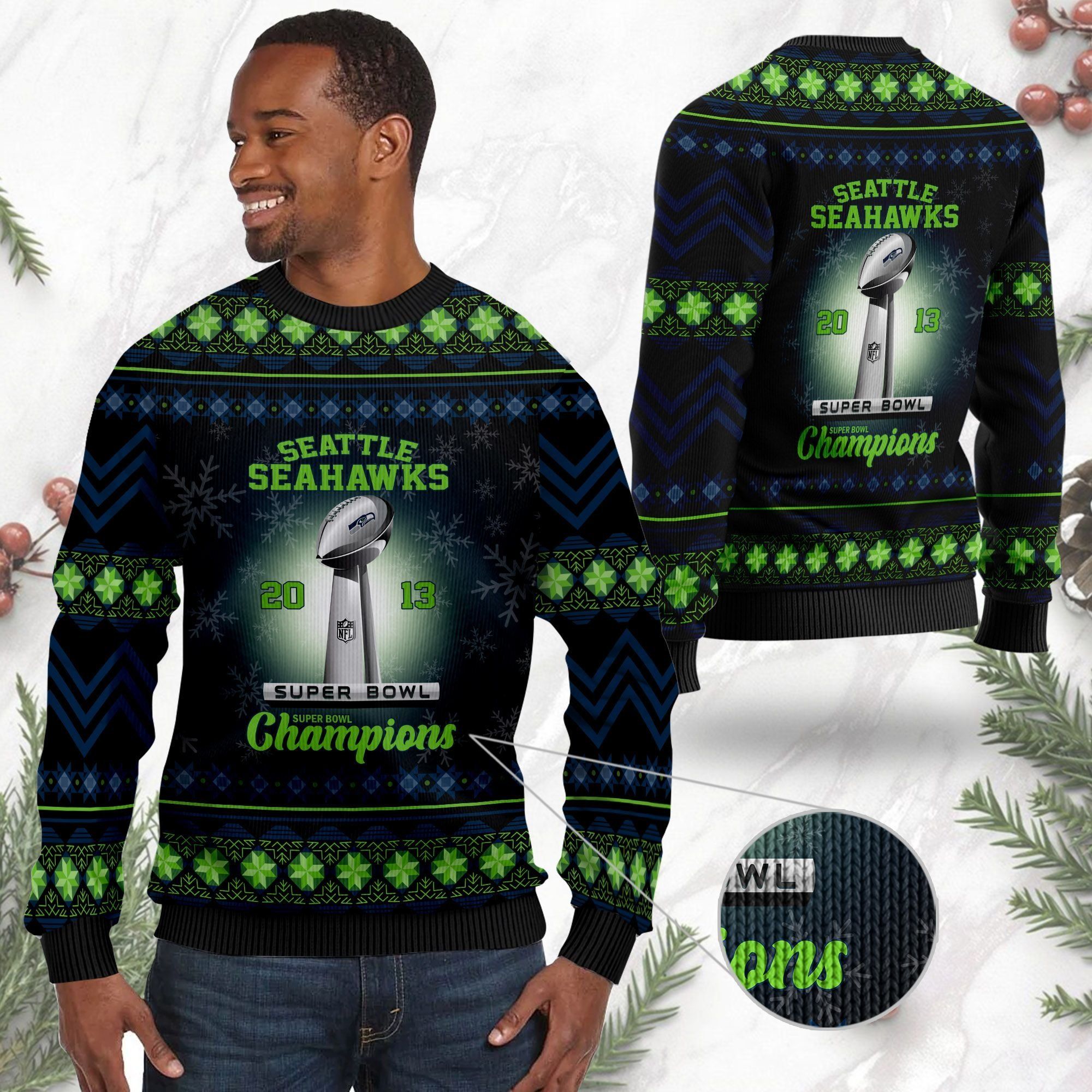 Seattle Seahawks Super Bowl Champions NFL Cup Ugly Christmas Sweater
