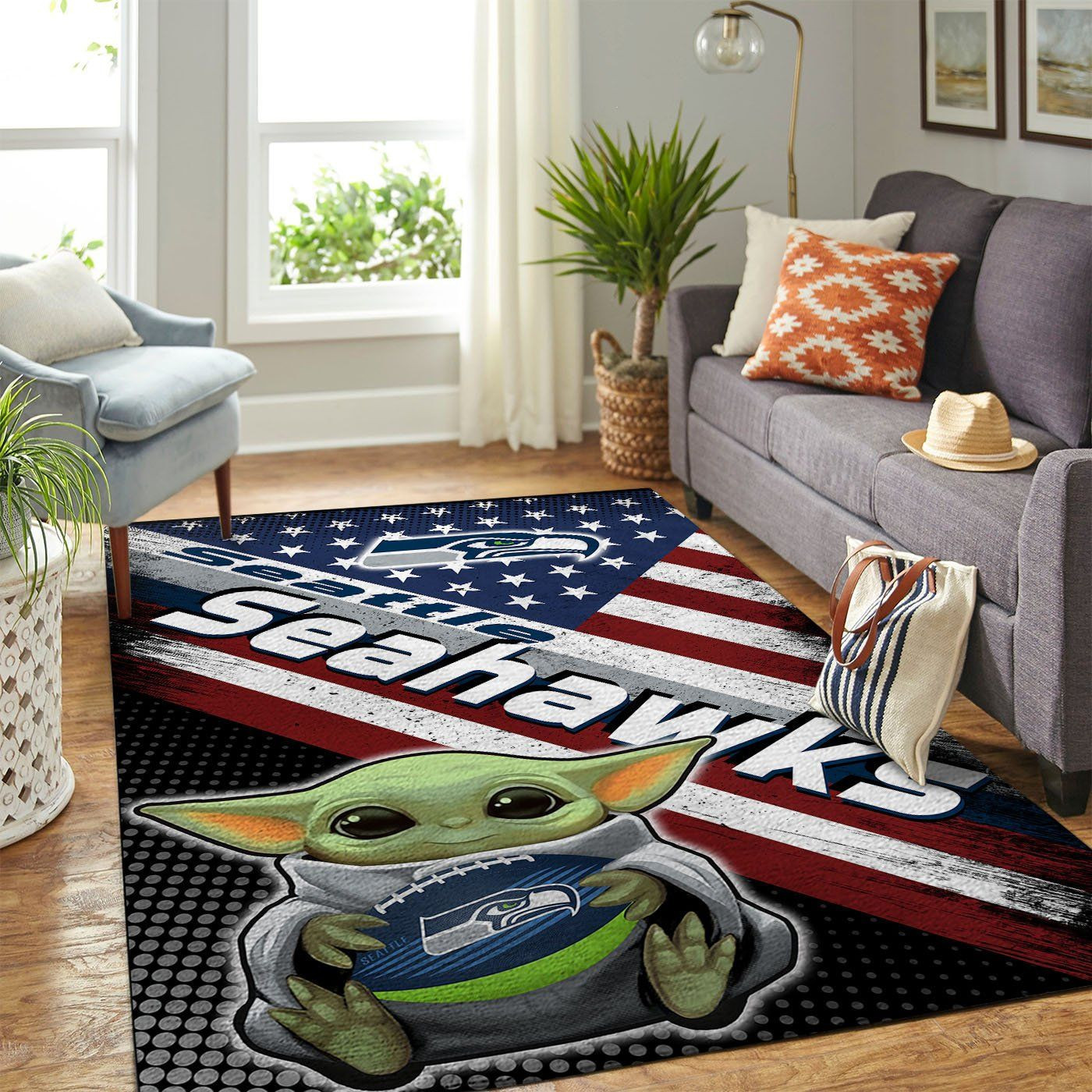 Seattle Seahawks Team Logo Baby Yoda Us Rectangle Area Rug – Full Print Carpet For Living Room & Bedroom Home Decor